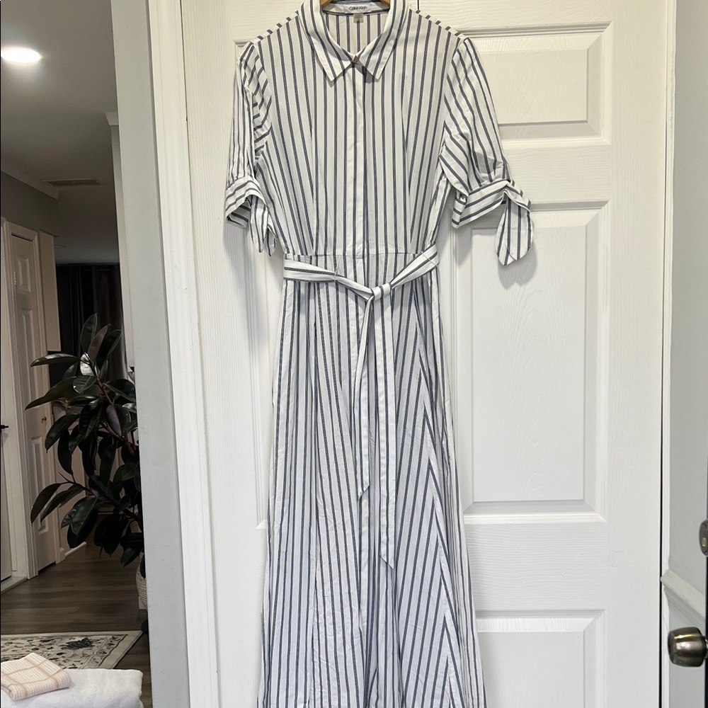 Calvin Klein Blue and White Striped Long Sleeve Dress